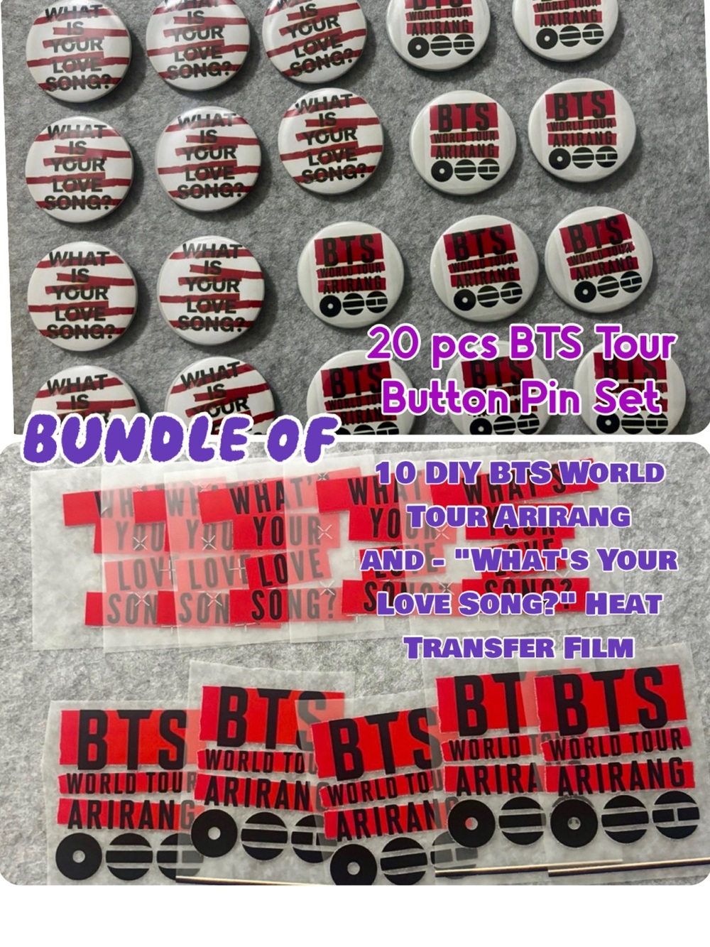 Bundle 10 pcs BTS DIY Heat Transfer Film (Iron) and 20 BTS button Pins